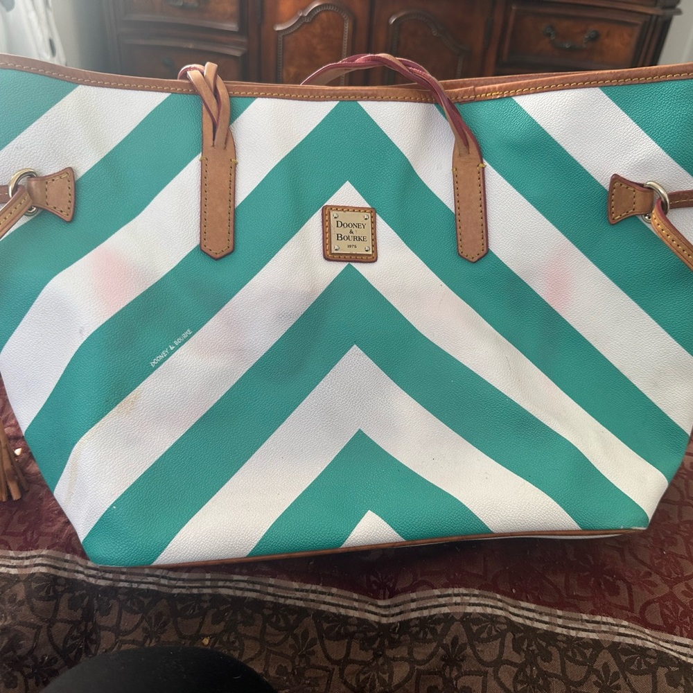 Dooney & Bourke Teal and White Chevron Tote